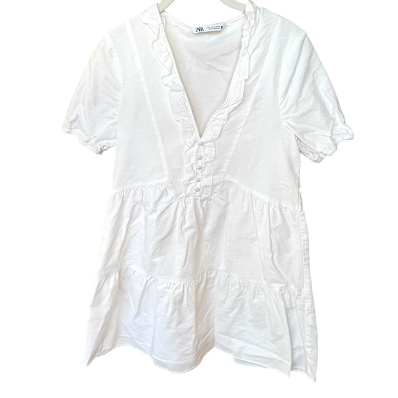 Zara White Babydoll Ruffle Mini Dress Cotton V-Neck - Small - Picture 2 of 12